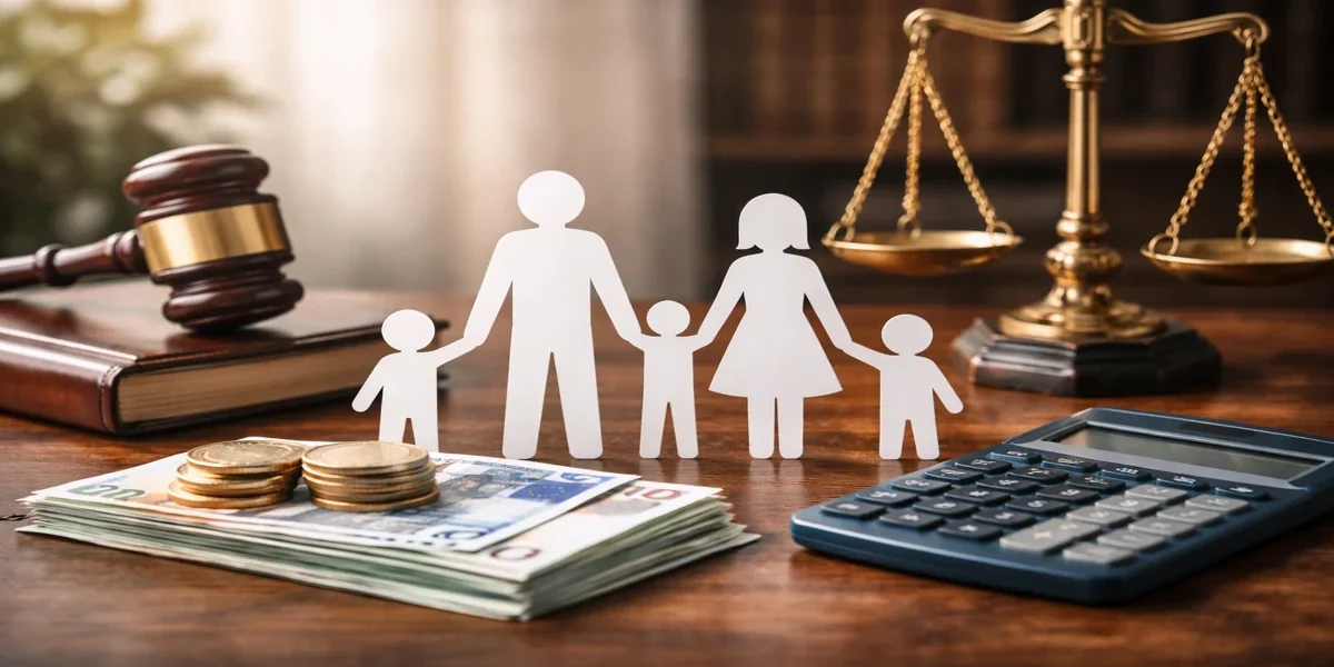 Alimenty i zabezpieczenie potrzeb rodziny – pomoc adwokata w sprawach rodzinnych w Ostrołęce, waga sprawiedliwości, rodzina i pieniądze na biurku prawnika