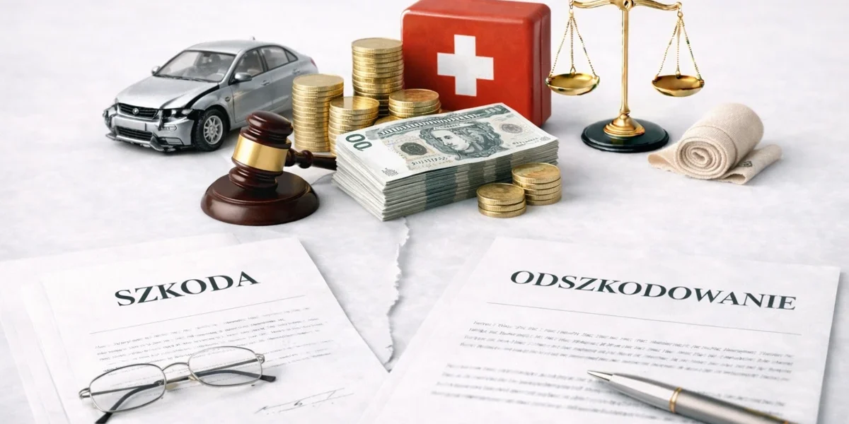 Czyny niedozwolone, odszkodowania i zadośćuczynienie – uszkodzony samochód, pieniądze i dokumenty odszkodowawcze symbolizujące sprawy prowadzone przez adwokata w Ostrołęce