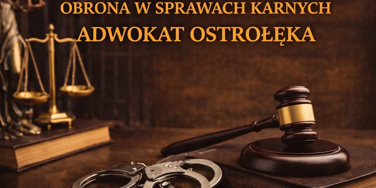 Obrona w sprawach karnych – kajdanki, młotek sędziowski i symbol prawa
