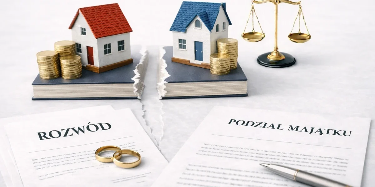 Podział majątku po rozwodzie – domy, monety i dokument rozwodowy symbolizujące sprawę podziału majątku prowadzoną przez adwokata w Ostrołęce.