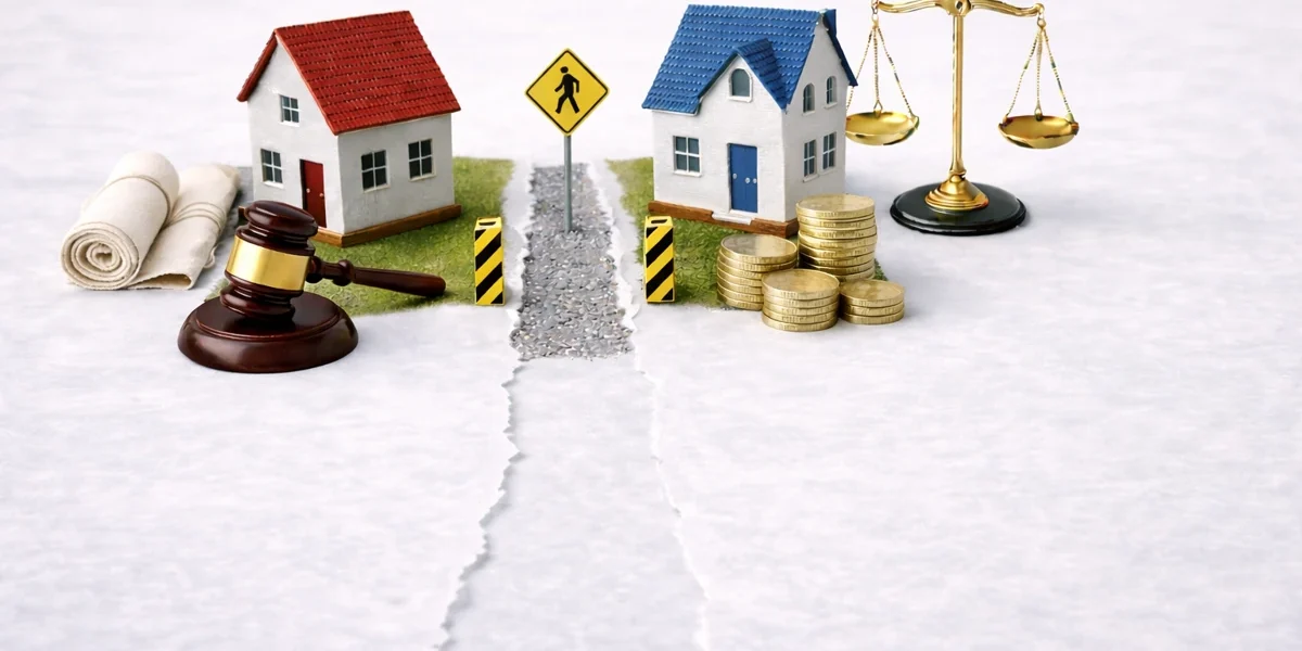 Służebności – dwie nieruchomości połączone drogą dojazdową symbolizujące służebność drogi koniecznej w sprawach prowadzonych przez adwokata w Ostrołęce.