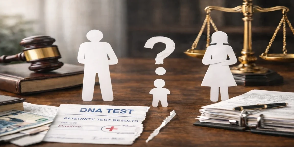 Ustalenie lub zaprzeczenie ojcostwa – symboliczna scena z testem DNA i rodziną przy wadze sprawiedliwości, sprawy rodzinne prowadzone przez adwokata w Ostrołęce