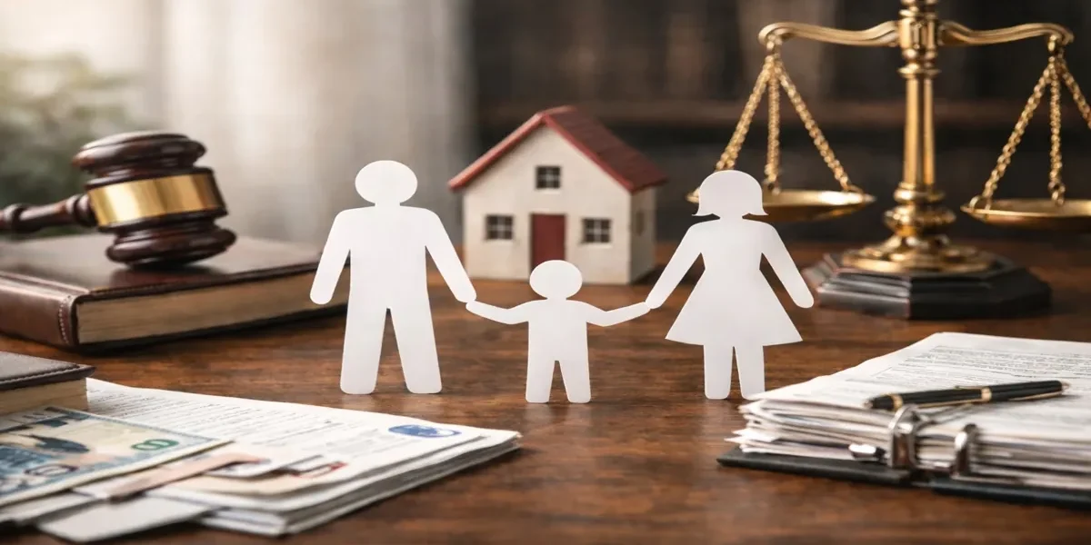 Władza rodzicielska, miejsce pobytu dziecka oraz kontakty – symboliczna rodzina przy wadze sprawiedliwości na biurku prawnika, sprawy rodzinne prowadzone przez adwokata w Ostrołęce