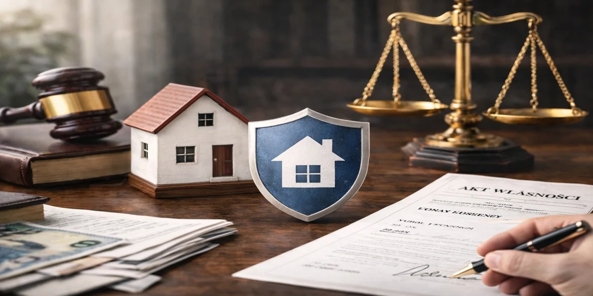 Własność i jej ochrona – akt własności nieruchomości, model domu, tarcza ochrony oraz waga sprawiedliwości na biurku prawnika