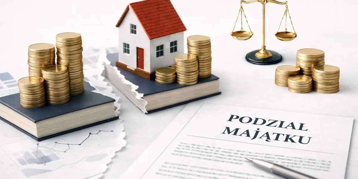 Podział majątku i ochrona własności – podzielona nieruchomość i monety symbolizujące sprawy majątkowe prowadzone przez adwokata w Ostrołęce