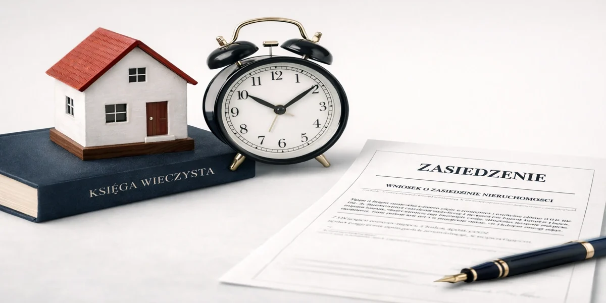 Zasiedzenie nieruchomości – model domu, księga wieczysta i zegar symbolizujący upływ czasu w sprawach o zasiedzenie prowadzonych przez adwokata w Ostrołęce