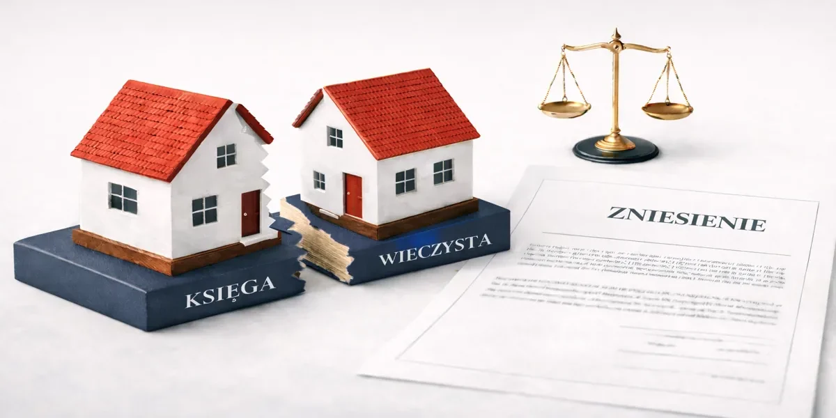 Zniesienie współwłasności nieruchomości – przecięta księga wieczysta z dwoma domami symbolizująca podział własności w sprawach prowadzonych przez adwokata w Ostrołęce